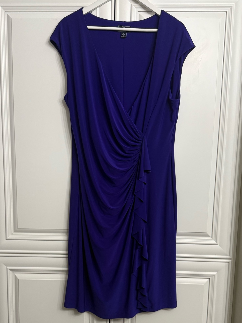 American Living Purple Cap Sleeve Ruffle Faux Wrap Ruched Sheath Dress Size 18